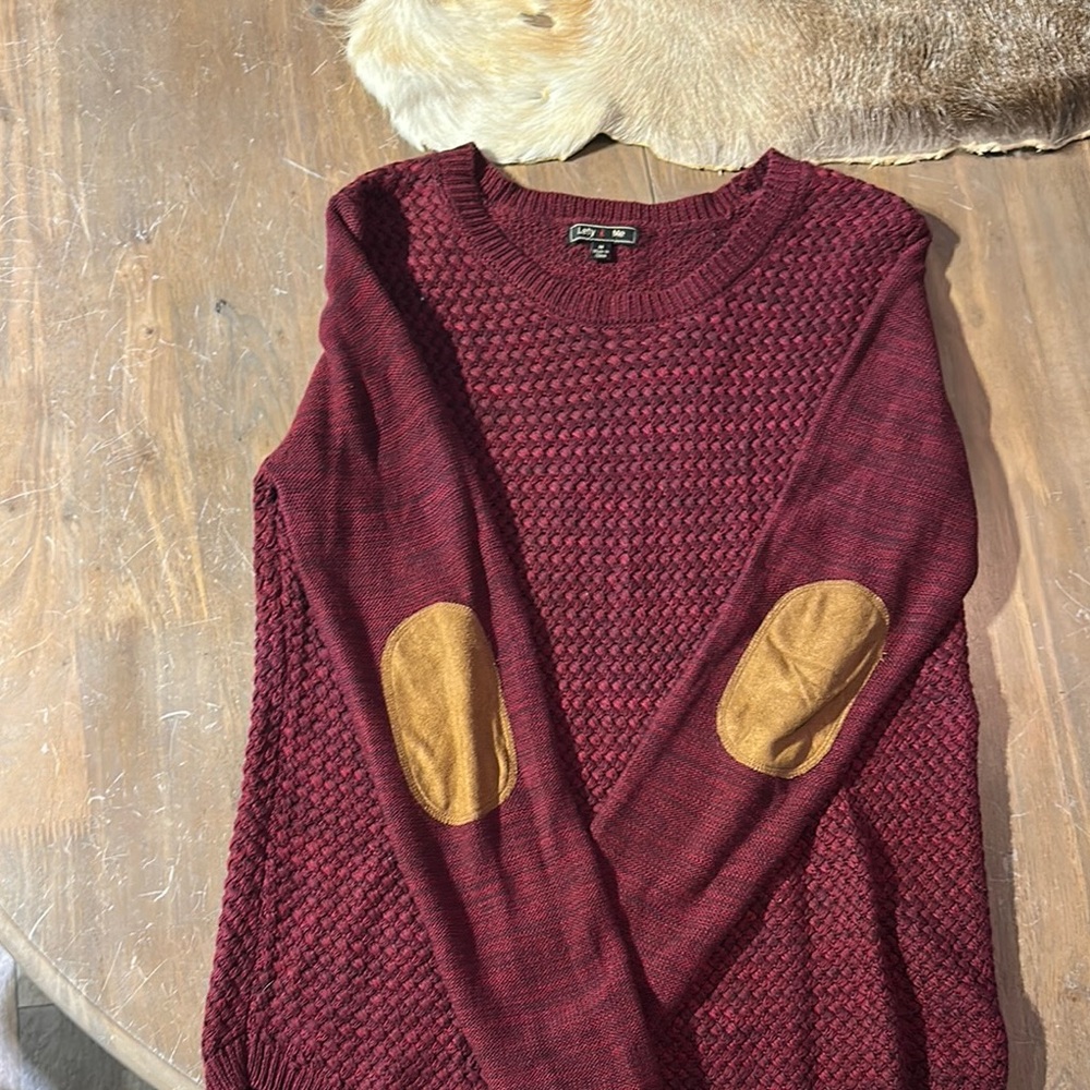 Women's Burgundy Sweater with Tan Elbow Patches
